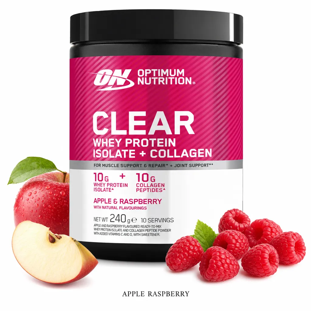 Optimum Nutrition Clear Whey Protein Isolate + Collagen 240g, apple raspberry flavour, features 10g whey protein isolate and 10g collagen peptides per serving, in a pink and black container.