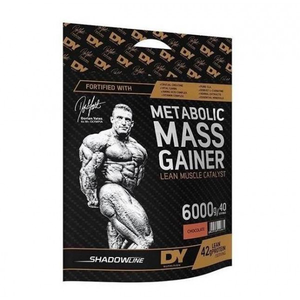 Dorian Yates Metabolic Mass Gainer 6000g chocolate flavour, a lean muscle catalyst mass gainer supplement with 42g lean protein per serving, black and gold packaging featuring Dorian Yates illustration.