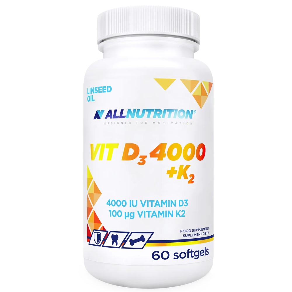Allnutrition Vit D3 4000 + K2 Linseed Oil 60 softgels, vitamin D3 and K2 supplement with 4000 IU vitamin D3 and 100 µg vitamin K2, white bottle with colorful accents.