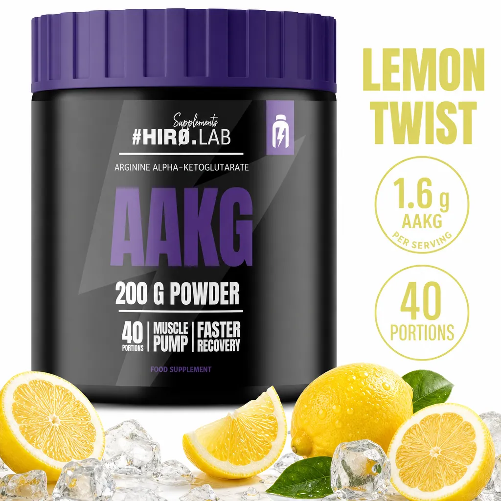 Hiro Lab AAKG 200g lemon twist arginine alpha-ketoglutarate powder in a black tub with a purple lid, providing 40 portions.
