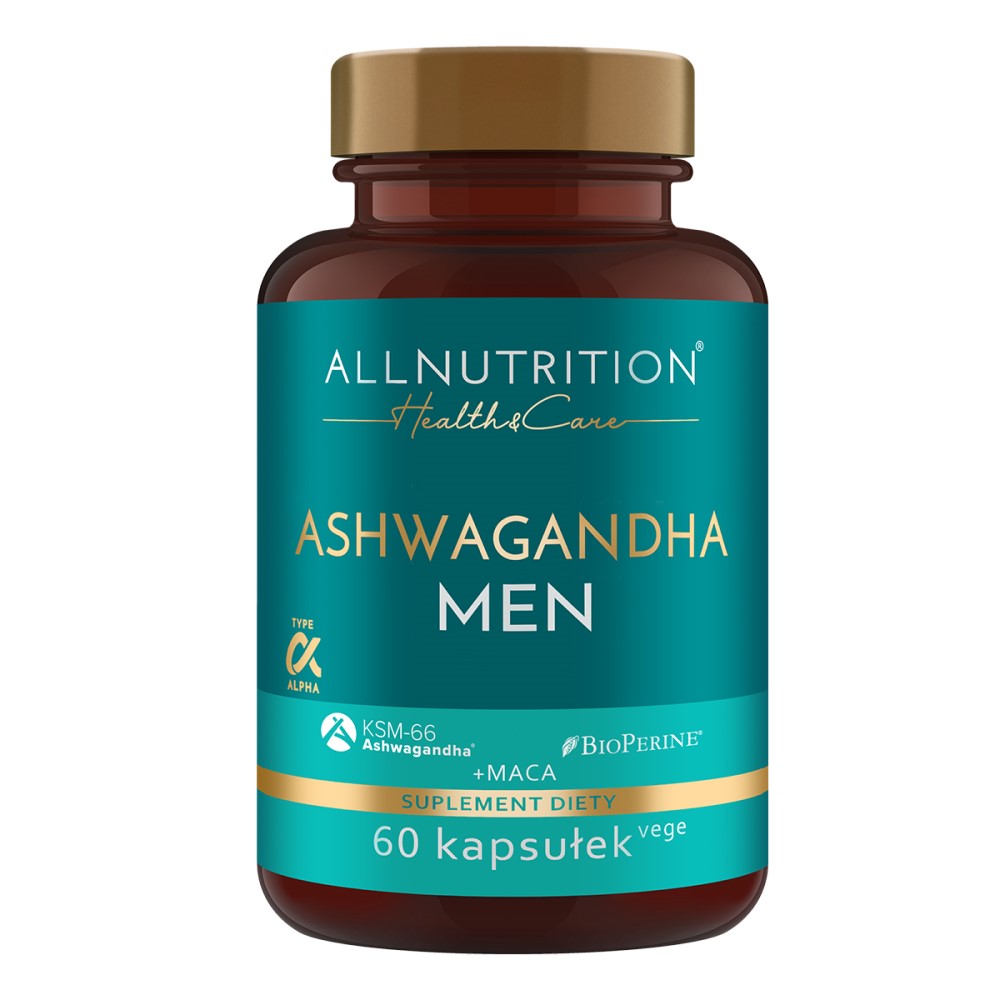 Allnutrition Ashwagandha Men supplement for men with KSM-66 Ashwagandha, maca, and BioPerine, 60 vege capsules, teal and gold label