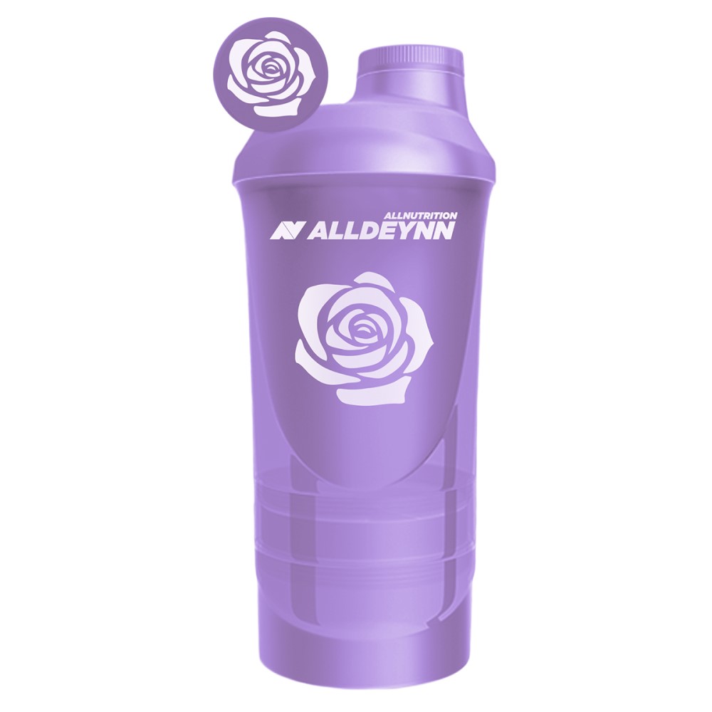 ALLNUTRITION ALLDEYNN Smartshaker 600ml violet protein shaker with rose graphic, designed for mixing supplements, in a vibrant violet color.
