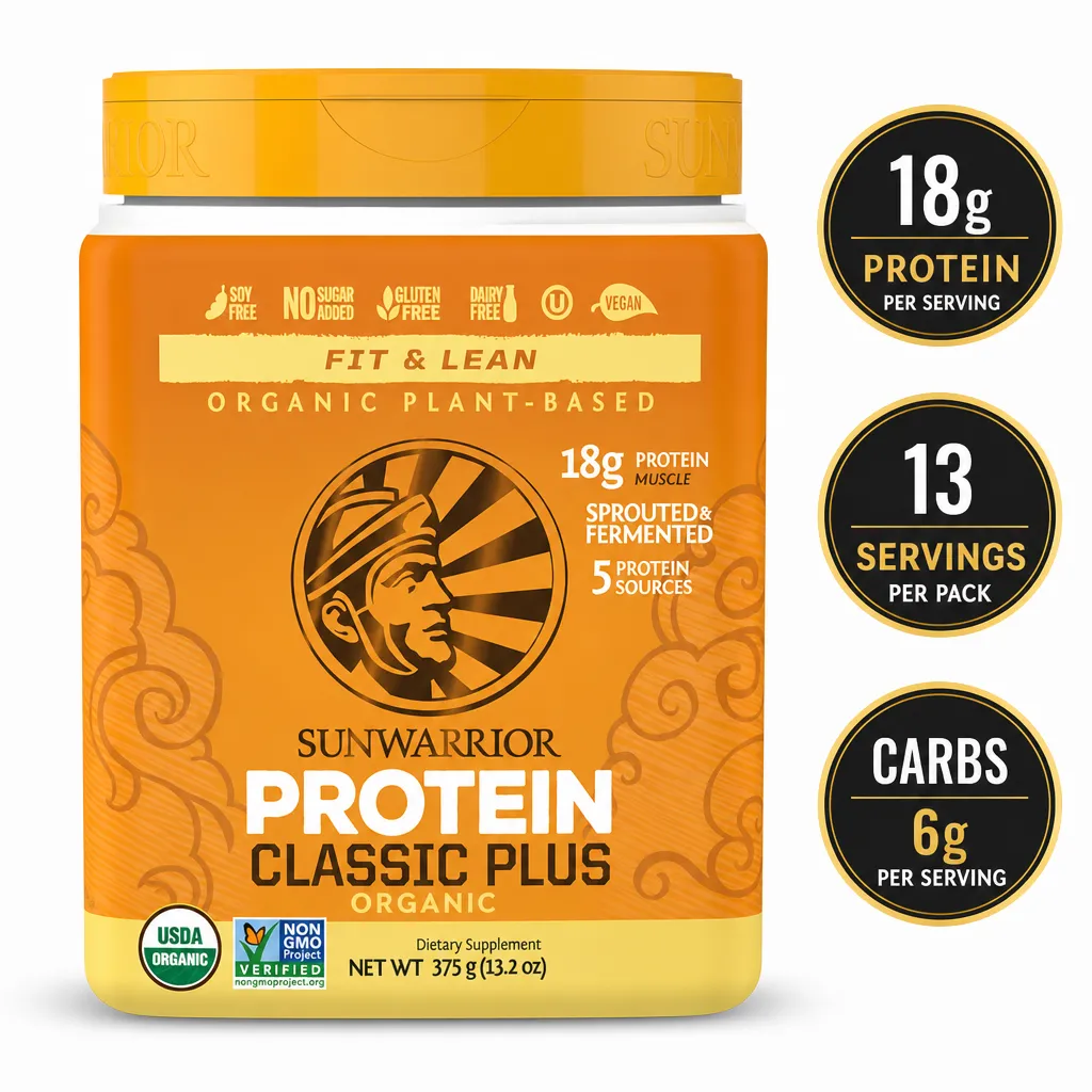 Sunwarrior Protein Classic Plus Organic plant-based protein powder, 375g tub with 18g protein per serving