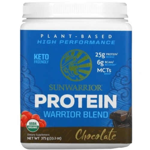 Sunwarrior Protein Warrior Blend Organic 375g chocolate flavour plant-based protein supplement with MCTs, BCAAs, and USDA organic certification in a blue container.