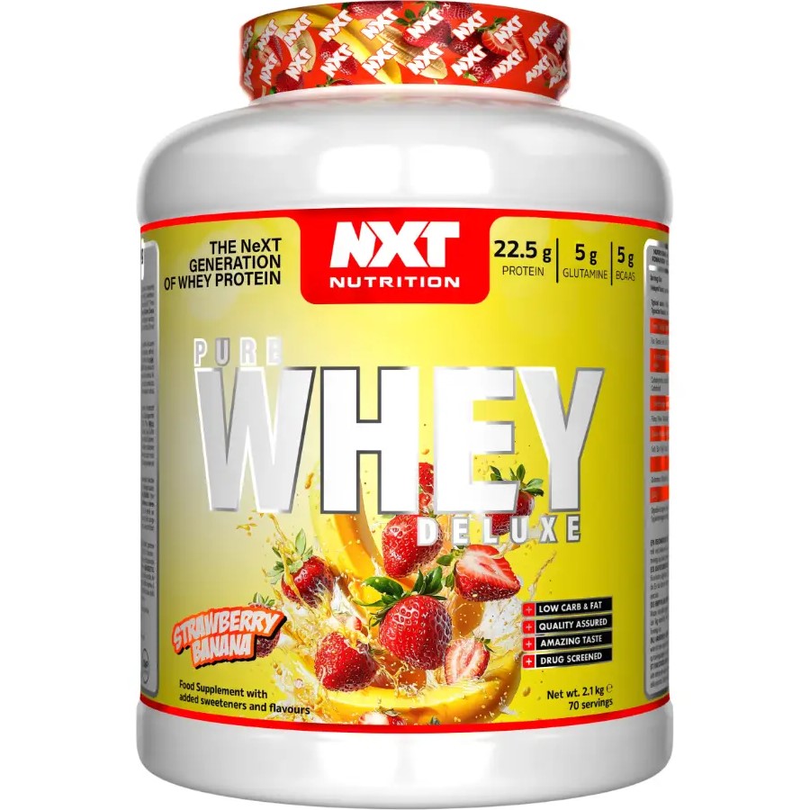 NXT Nutrition Pure Whey Deluxe strawberry banana flavour whey protein supplement, 2.1kg tub with 22.5g protein per serving, low carb and fat, yellow and white packaging.