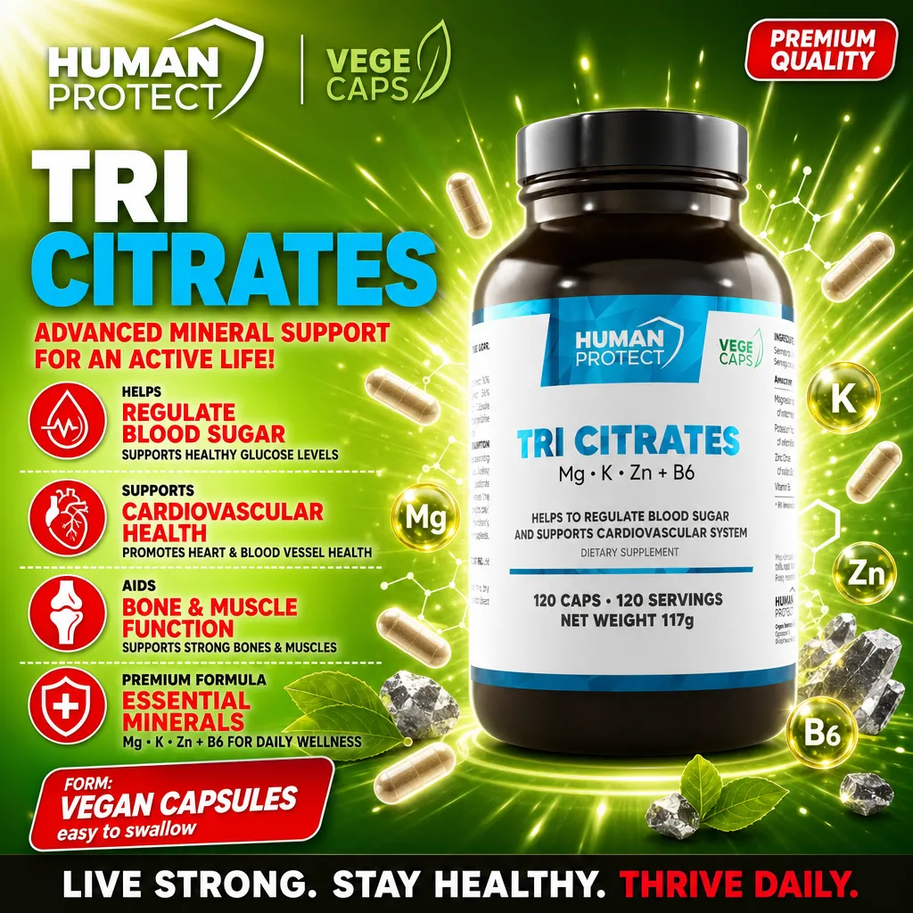 Human Protect Tri Citrates is a dietary supplement in vegan capsules, containing magnesium, potassium, zinc, and vitamin B6, designed to support blood sugar regulation, cardiovascular health, and bone and muscle function. 120 capsules per bottle, with a g