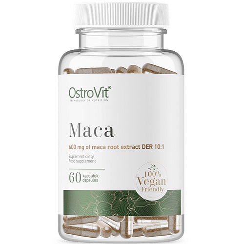 OstroVit Maca 60 Vege Caps vegan-friendly maca root extract supplement, 600 mg per capsule, in a clear bottle with green and white label.