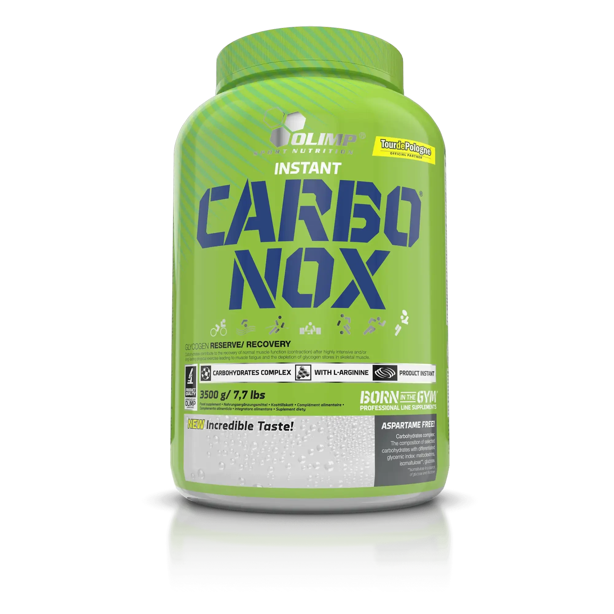 Olimp Nutrition Carbo-Nox 3000g carbohydrate powder for athletes, featuring a green container with bold blue branding, designed for energy and recovery support.