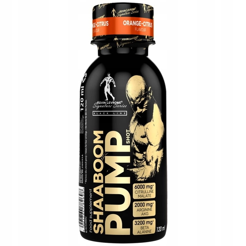 Kevin Levrone Shaaboom Pump Shot 120ml orange-citrus flavour pre-workout supplement with citrulline malate, arginine AKG, and beta alanine in a black bottle.