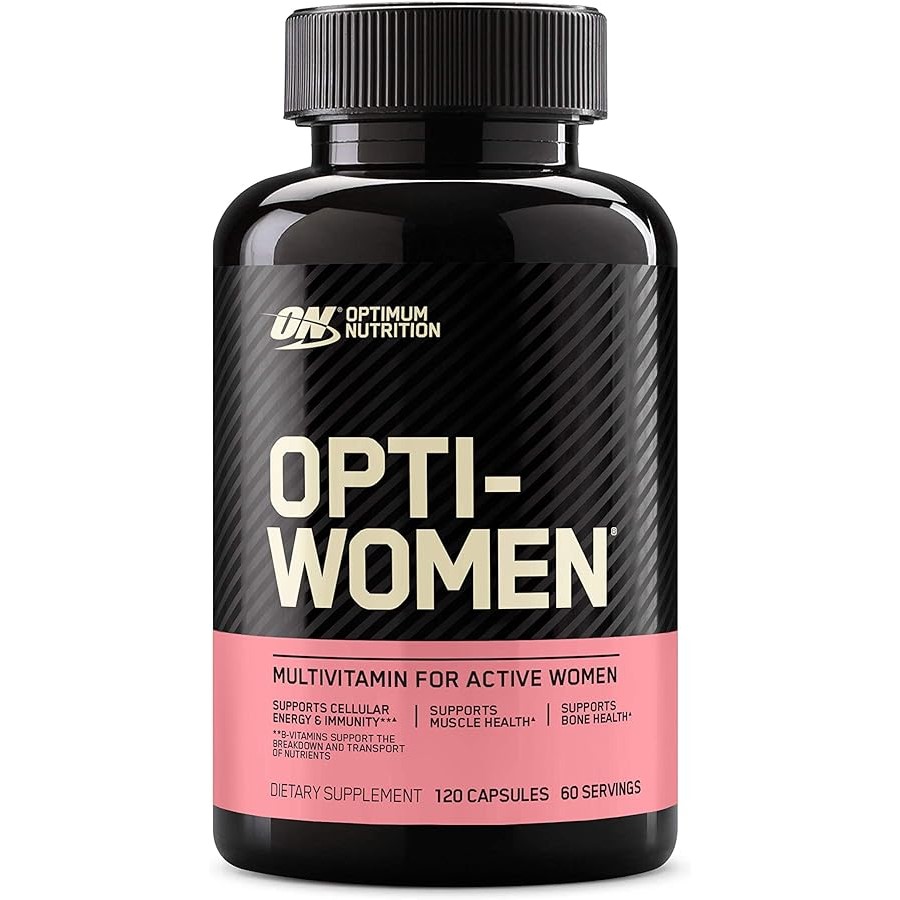 Optimum Nutrition Opti-Women multivitamin supplement for active women, 120 capsules, black bottle with pink label, supports energy, immunity, muscle and bone health.