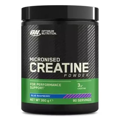 Optimum Nutrition Micronised Creatine Powder blue raspberry flavour, 360g tub, creatine monohydrate supplement for performance support, black and green packaging.
