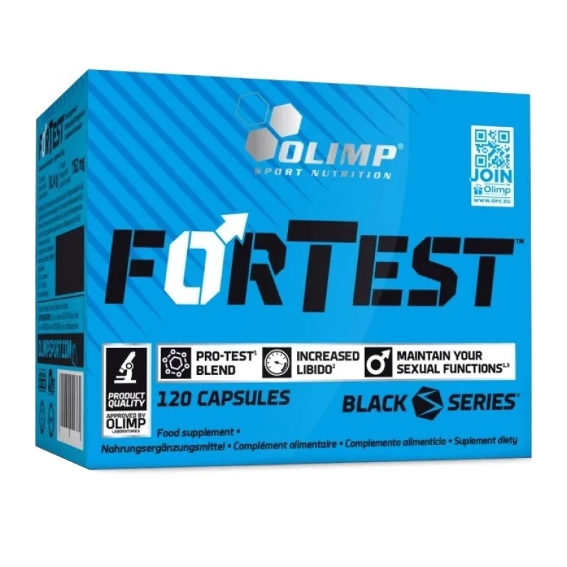 Olimp ForTest 120 Caps by Olimp Nutrition, a bottle of dietary supplement capsules for men’s vitality support