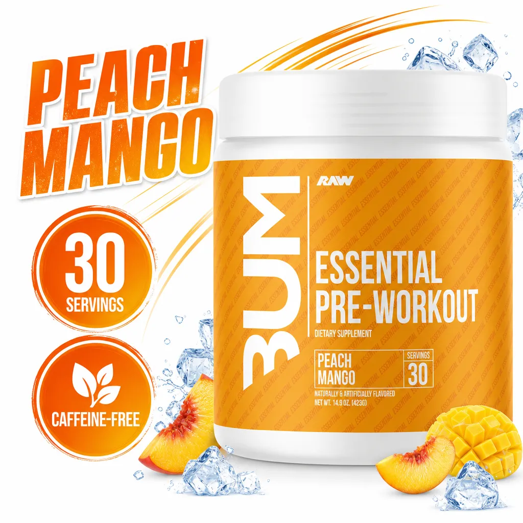 RAW Nutrition CBUM Essential Pre 30 Servings pre-workout powder in Peach Mango flavour, shown in an orange tub