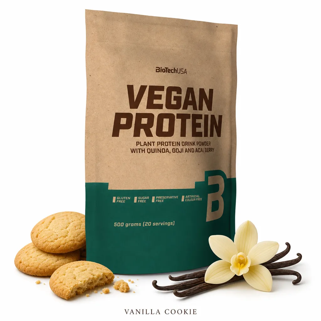 Biotech USA Vegan Protein 500g vanilla cookie flavour plant-based protein powder with quinoa, goji, and acai berry, gluten-free and sugar-free blend.
