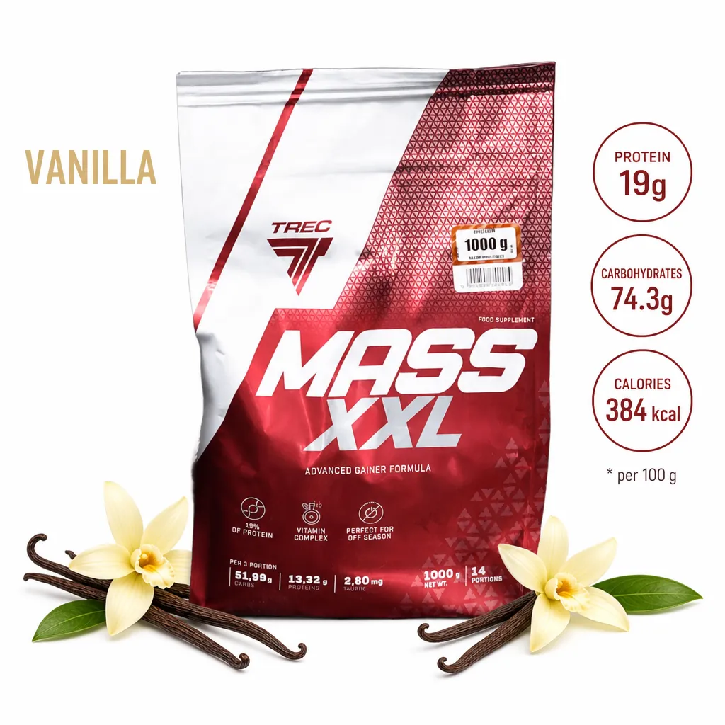 Trec Nutrition Mass XXL 1000g vanilla mass gainer supplement with 19g protein, 74.3g carbohydrates, and 384 kcal per 100g, designed for muscle gain.