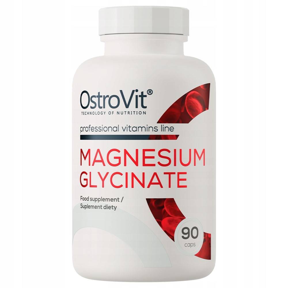 OstroVit Magnesium Glycinate 90 caps food supplement, professional vitamins line, in a white bottle with red and black accents.