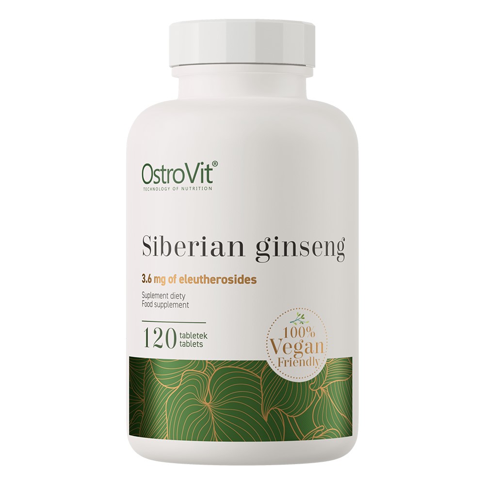 OstroVit Siberian Ginseng 120 tablets vegan-friendly food supplement with 3.6 mg of eleutherosides, suitable for vegans, in a white and green bottle.