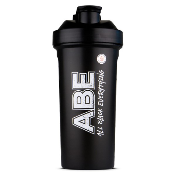 Applied Nutrition ABE Shaker black protein shaker bottle with 'All Black Everything' text, 600ml capacity, matte black finish.