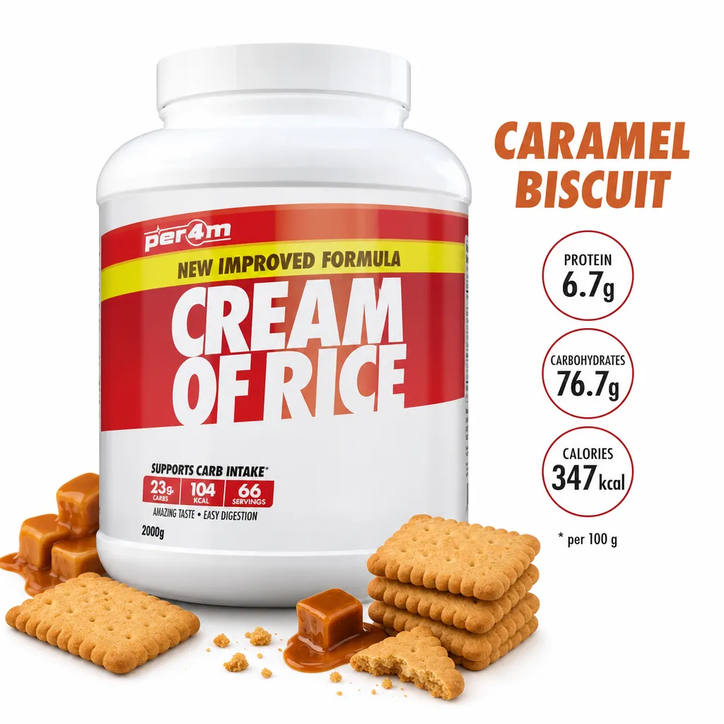Per4m Cream of Rice 2000g Caramel Biscuit flavour, a finely milled rice flour supplement for athletes, gluten-free, vegan, low sugar, and easy to digest.