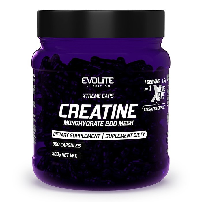 Evolite Creatine Monohydrate 200 Mesh Xtreme Caps dietary supplement, 300 capsules, purple container, creatine monohydrate in capsule form for sports nutrition.