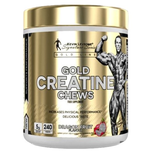 Kevin Levrone Gold Creatine Chews 240 tabs dragon fruit flavour food supplement, supports performance, gold and white packaging with bodybuilder illustration.