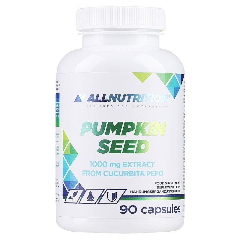 Allnutrition Pumpkin Seed 90 capsules dietary supplement with 1000 mg extract from Cucurbita pepo, white bottle with green and blue geometric accents.