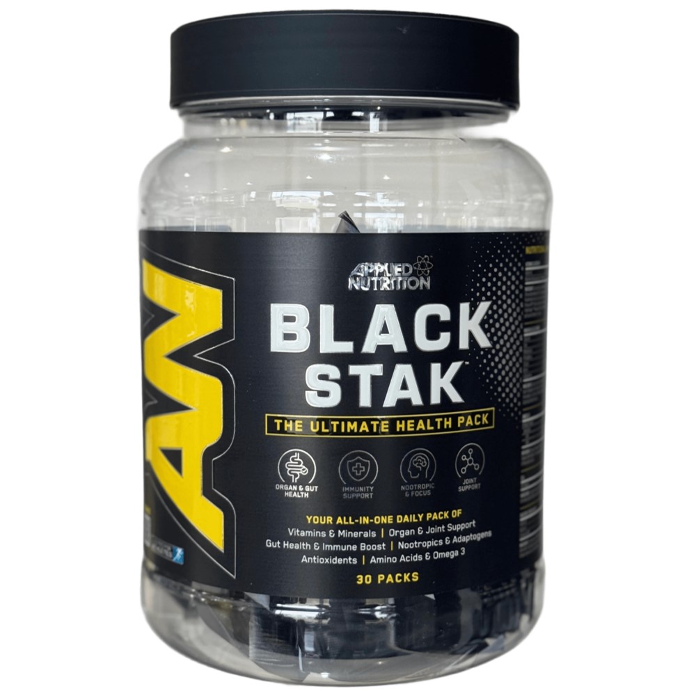Applied Nutrition Black Stak 30 Packs, an all-in-one daily health supplement pack for organ, gut, and joint support, with vitamins, minerals, and amino acids in a black and yellow jar.