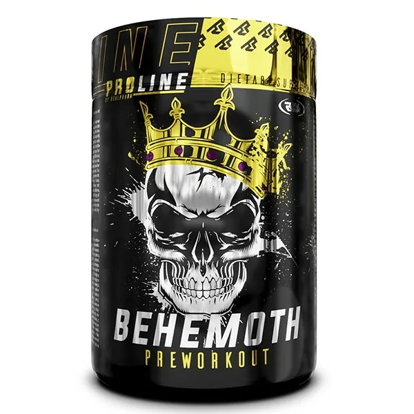 Real Pharm Behemoth Preworkout, a dietary supplement in a black container with a skull and crown design, part of the Proline series, likely 500g size.