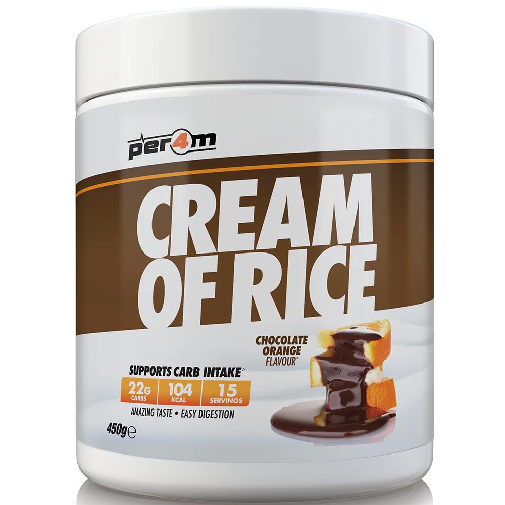 Per4m Cream of Rice chocolate orange flavour, a 450g carbohydrate supplement with 22g carbs per serving, 104 kcal, and 15 servings, designed for easy digestion.