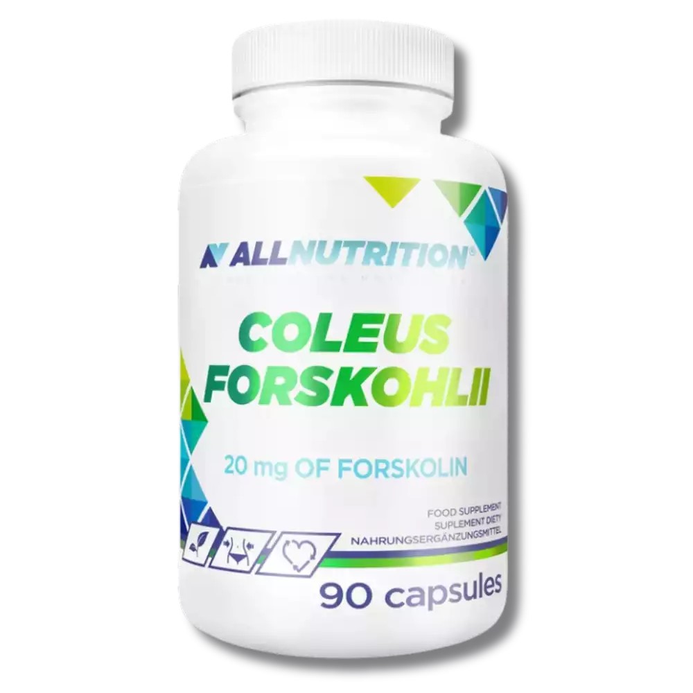 Allnutrition Coleus Forskohlii dietary supplement, 90 capsules, containing 20 mg of forskolin per serving, in a white bottle with green and blue accents.