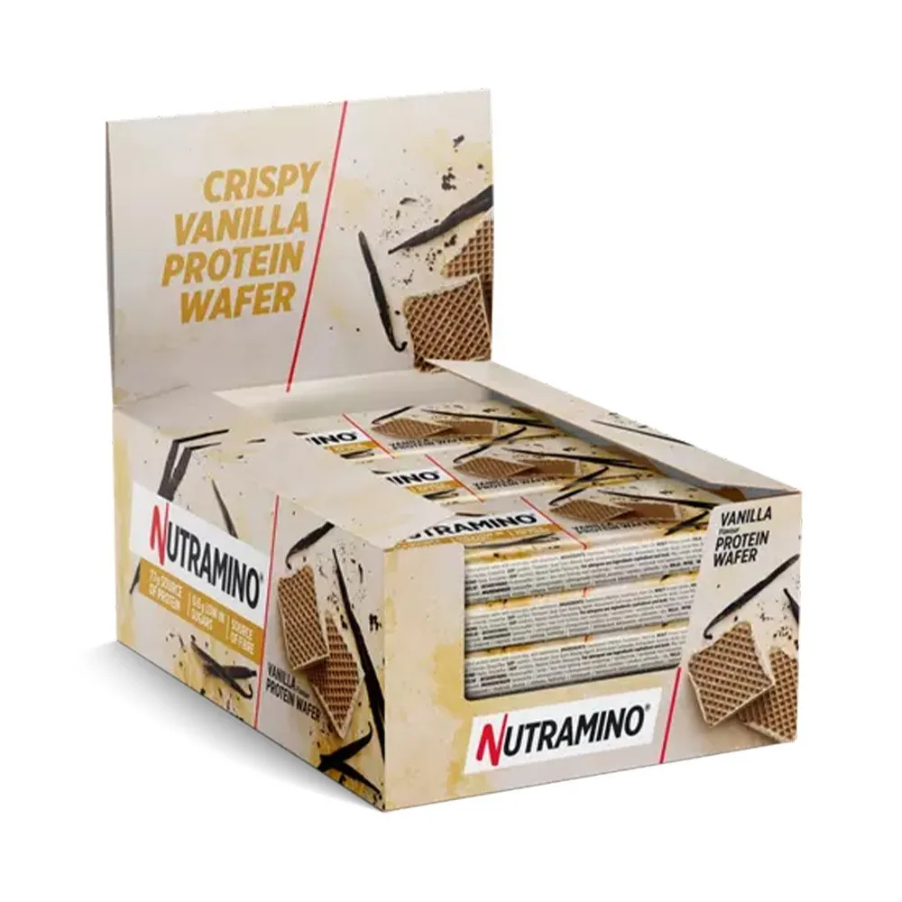 Nutramino Protein Wafer 39g x12 Vanilla is a high-protein, low-sugar snack featuring crispy vanilla-flavored wafers, ideal for active lifestyles.