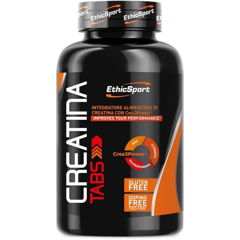 EthicSport Creatine 120 Caps bottle, white container with black and orange label, 120 vegetable capsules