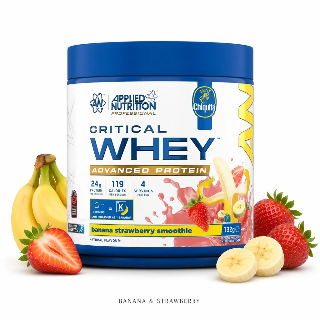 Applied Nutrition Critical Whey 4 Servings banana strawberry smoothie is a premium whey protein powder with 24g protein per serving, featuring banana and strawberry flavor.