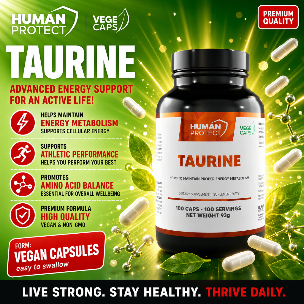 Human Protect Taurine 100 Caps vegan capsules dietary supplement for energy metabolism and athletic performance, green-themed packaging with premium quality label.