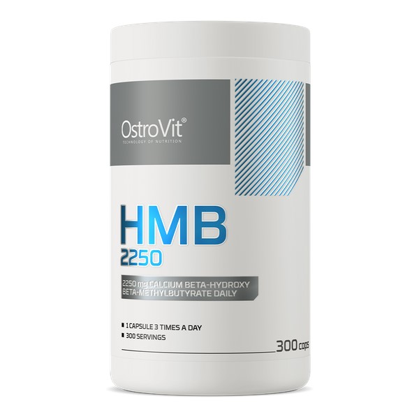 OstroVit HMB 2250 300 caps dietary supplement with 2250 mg calcium beta-hydroxy beta-methylbutyrate per serving, in a white bottle with blue and grey accents.