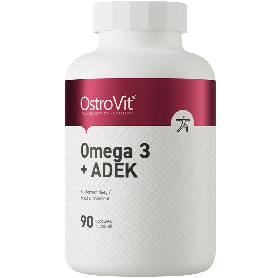 OstroVit Omega 3 + ADEK 90 capsules dietary supplement combining omega-3 fatty acids with vitamins A, D, E, and K, in a white bottle with a maroon label.