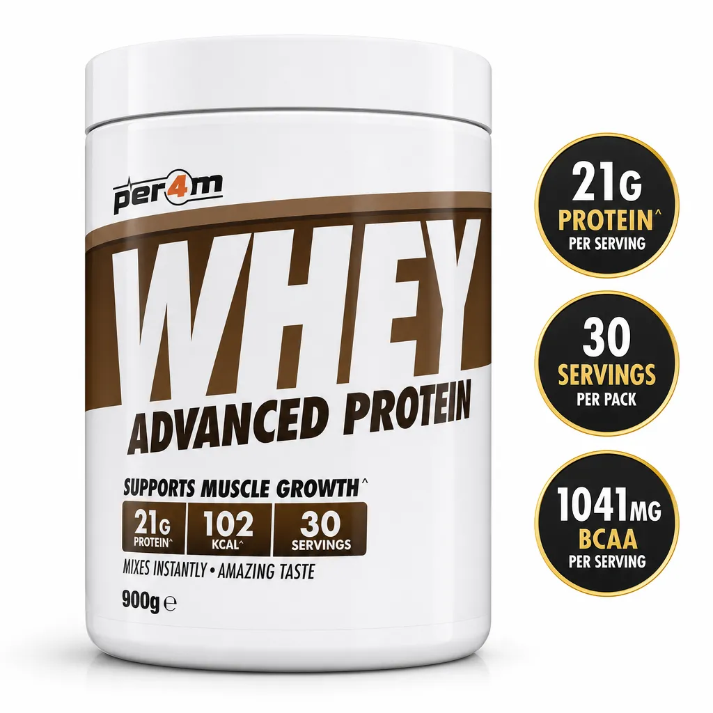 Per4m Whey Advanced Protein 900g whey protein supplement in a white tub with 21g protein per serving and 30 servings