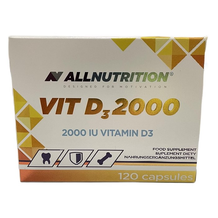 Allnutrition Vit D3 2000 vitamin D3 supplement, 2000 IU strength, 120 capsules, in a white and gold box packaging.
