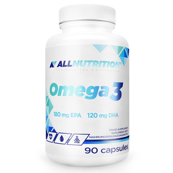 Allnutrition Omega 3 90 capsules dietary supplement with 180 mg EPA and 120 mg DHA per serving, in a white bottle with blue accents.