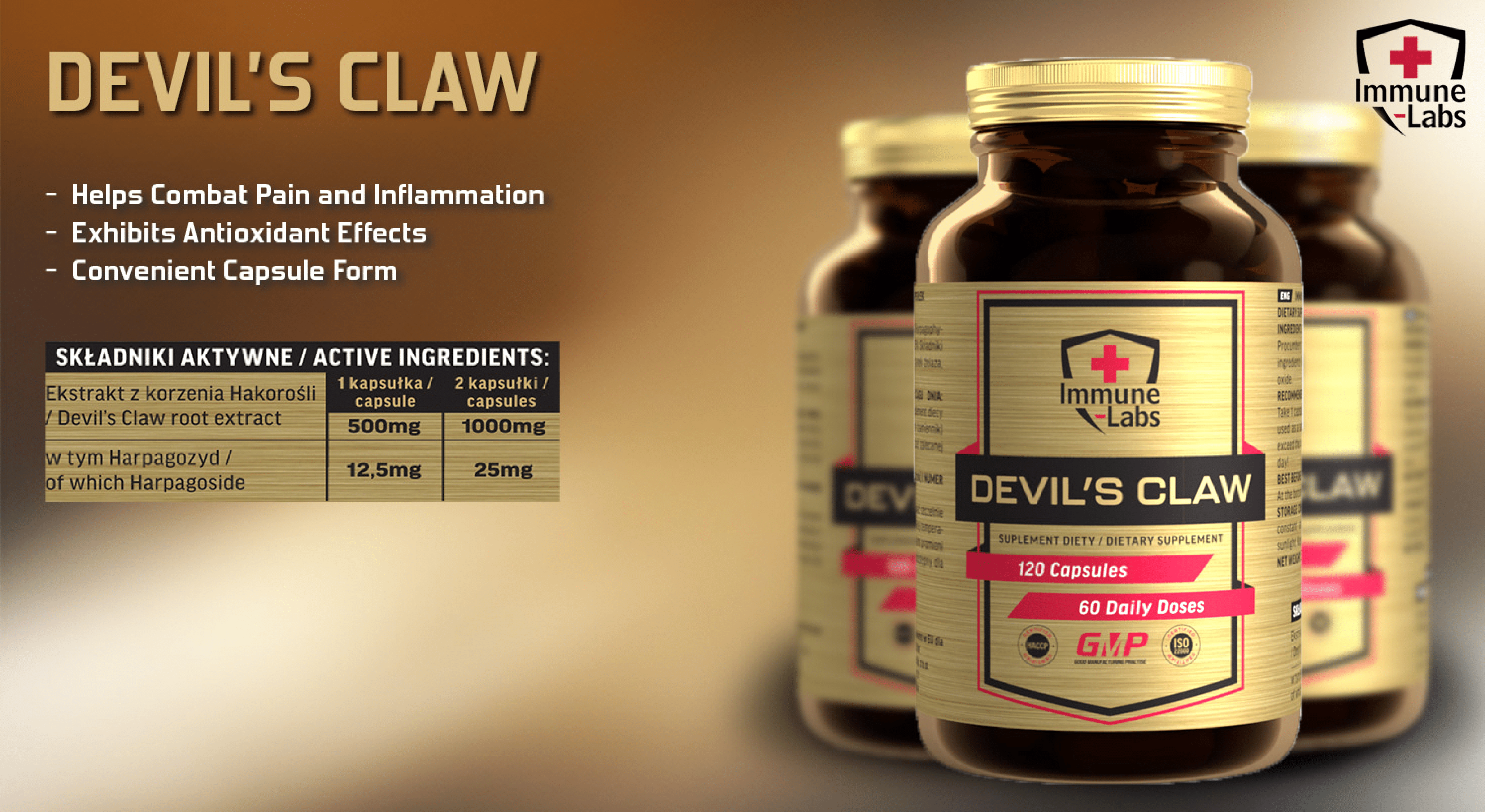 Immune Labs Devil's Claw 120 Capsules dietary supplement with Devil's Claw root extract, providing 60 daily doses, in a gold and brown bottle.