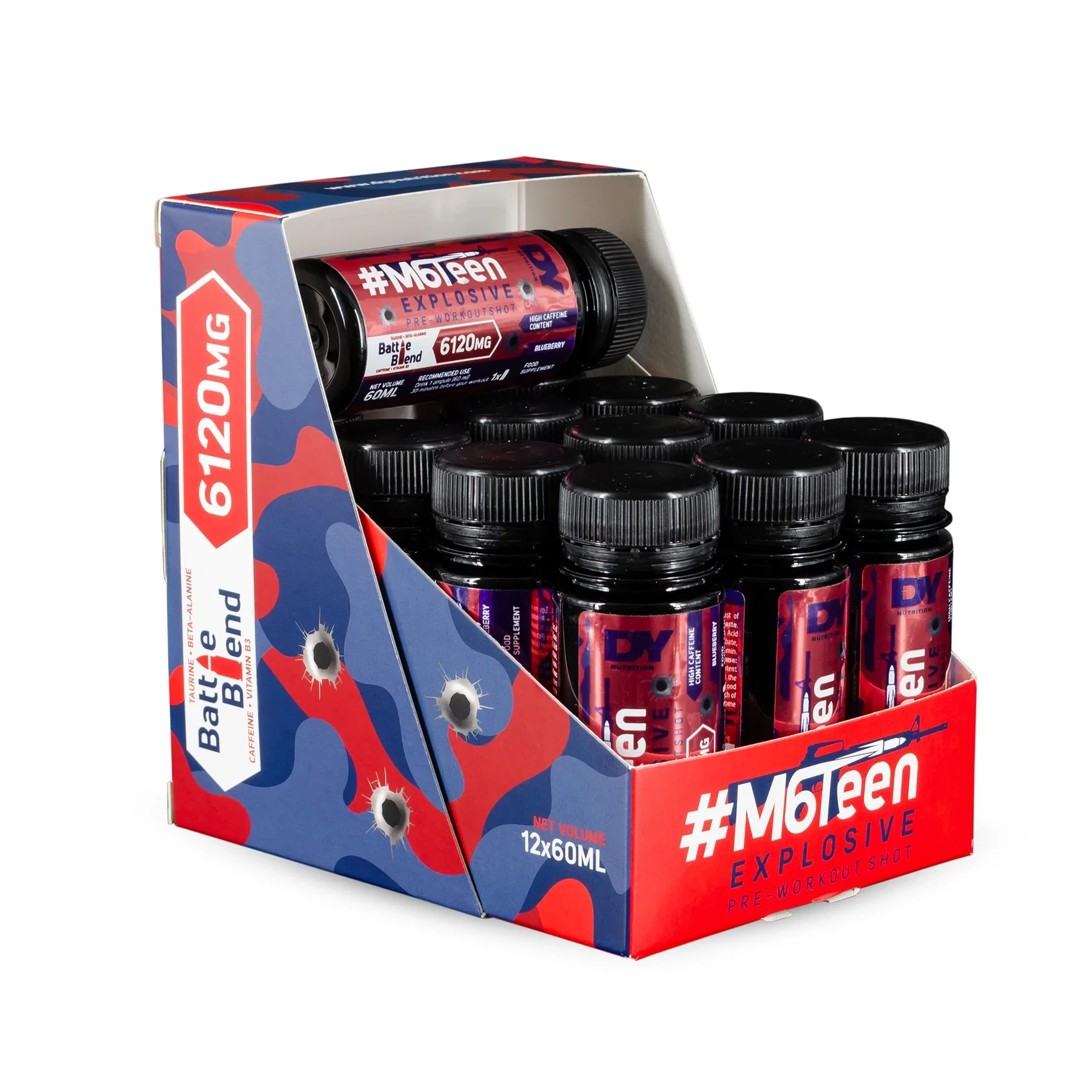 DY Nutrition Dorian Yates Pre-Workout #M6Teen blueberry liquid shots, 60ml each, shown as a 12-serving red and blue display pack