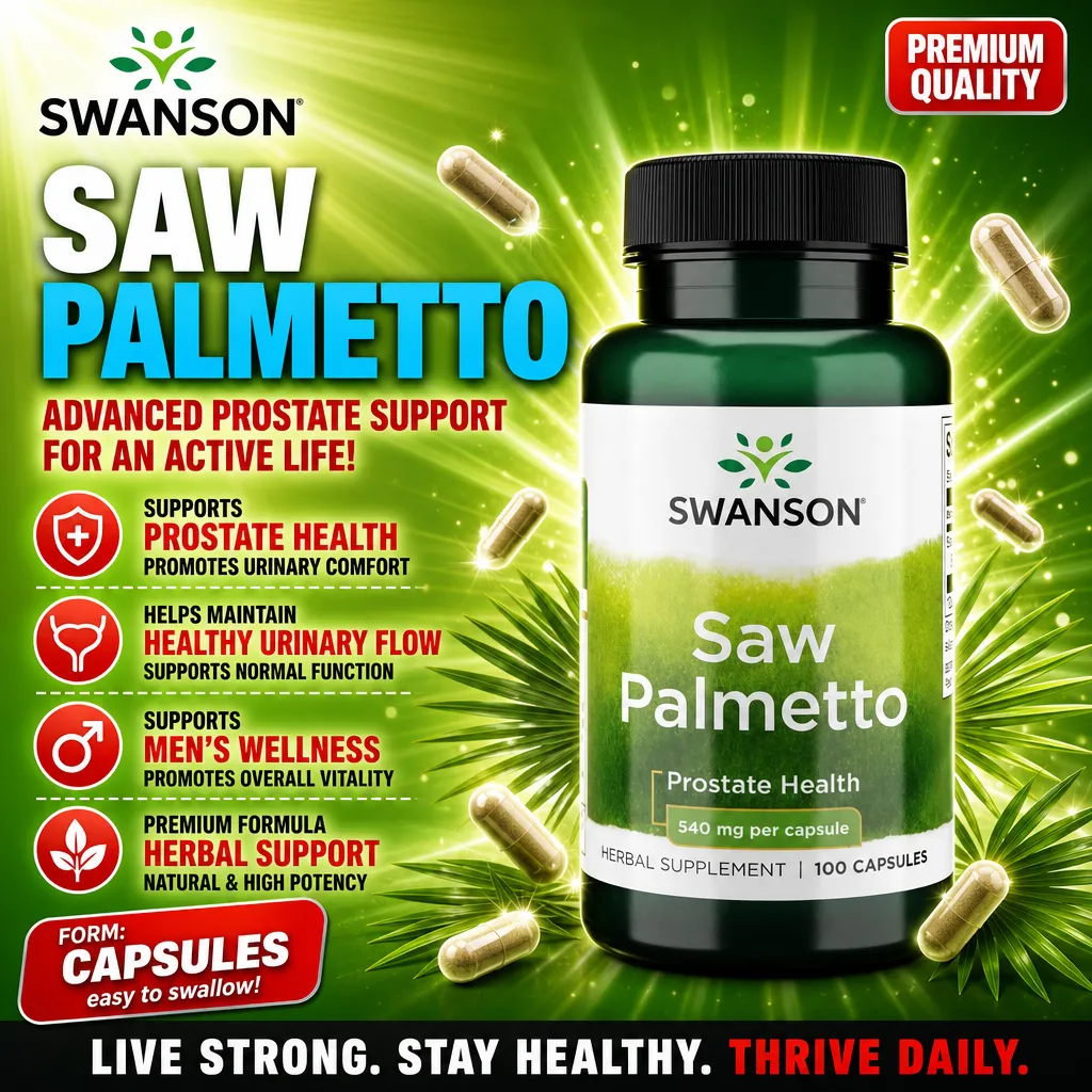 Swanson Saw Palmetto 540mg per capsule herbal supplement for prostate health, bottle of 100 capsules, green label, premium quality.