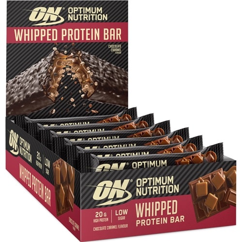 Optimum Nutrition Whipped Protein Bar chocolate caramel flavour, high protein, low sugar, 62g bars in a box of 10, with chocolate imagery on the packaging.
