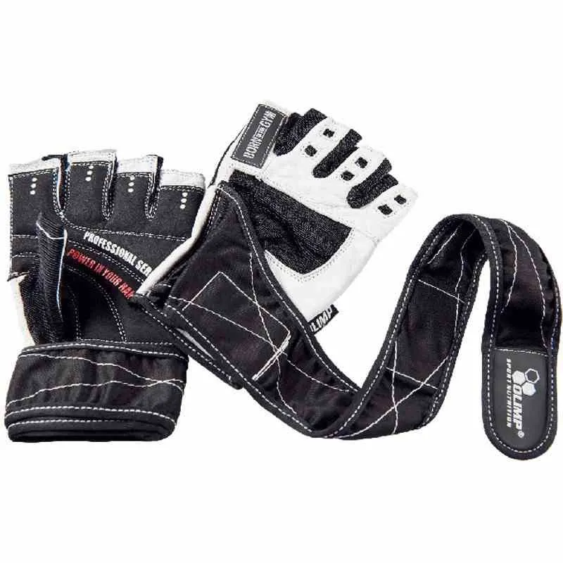 Olimp Nutrition Training Gloves Competition 2x Black/White, fingerless weightlifting gloves with reinforced stitching, anti-slip palm, and adjustable wrist strap.