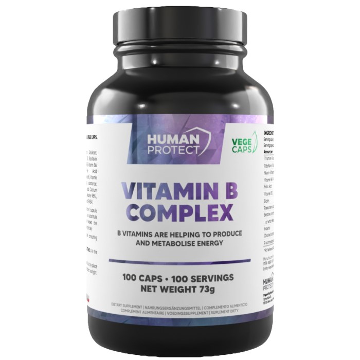 Human Protect Vitamin B Complex 100 Vege Caps bottle, white plastic container with label, 100 vegan capsules