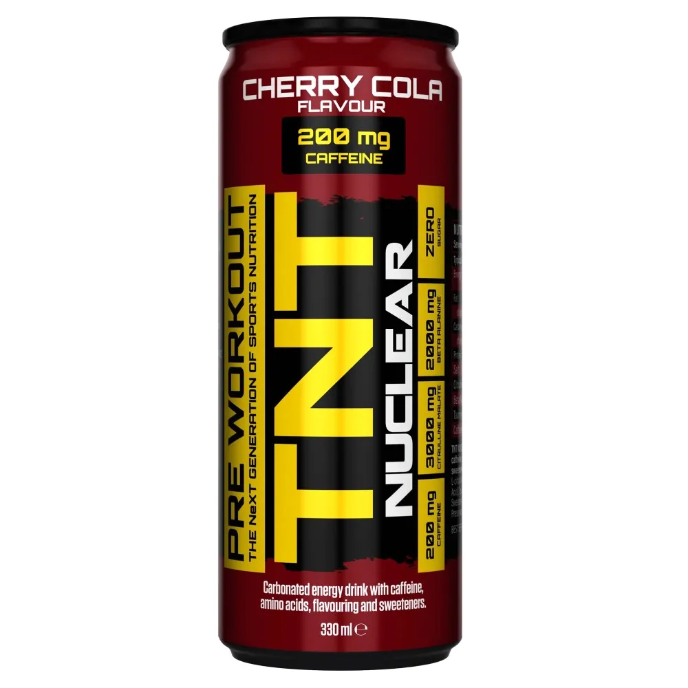 NXT TNT Nuclear Pre Workout cherry cola flavour is a carbonated energy drink with 200mg caffeine, amino acids, and sweeteners in a 330ml can. The can is predominantly dark red with bold yellow and white text.