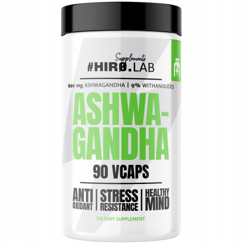 Hiro Lab Ashwagandha 90 Vcaps dietary supplement with 600mg ashwagandha extract per capsule, 9% withanolides, for stress resistance and antioxidant support, in a white and green container.
