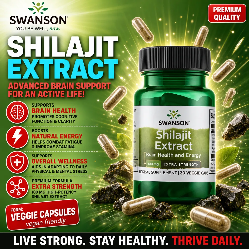 Swanson Shilajit Extract 100mg extra strength herbal supplement for brain health and energy, 30 veggie capsules in a green bottle, vegan friendly.