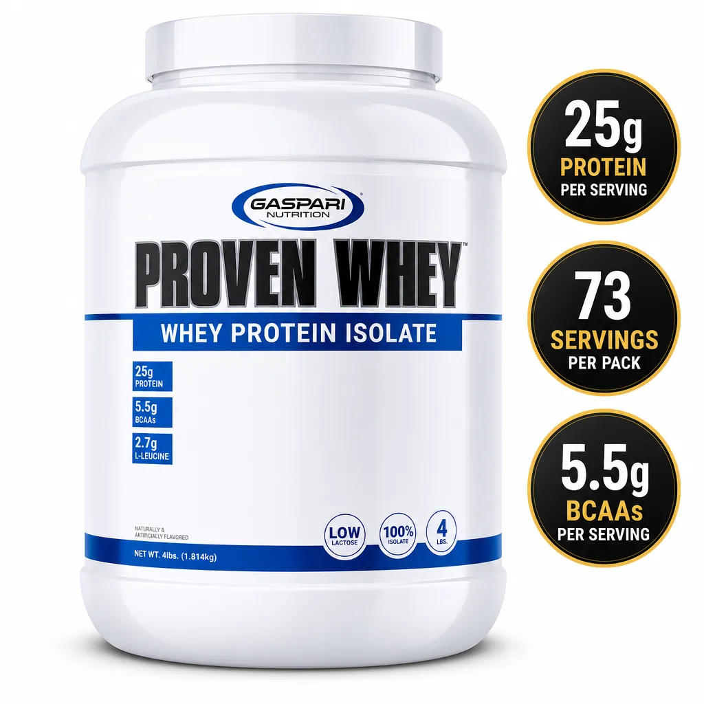 Gaspari Nutrition Proven Whey 2.0 1814g whey protein isolate powder in a white tub with low lactose