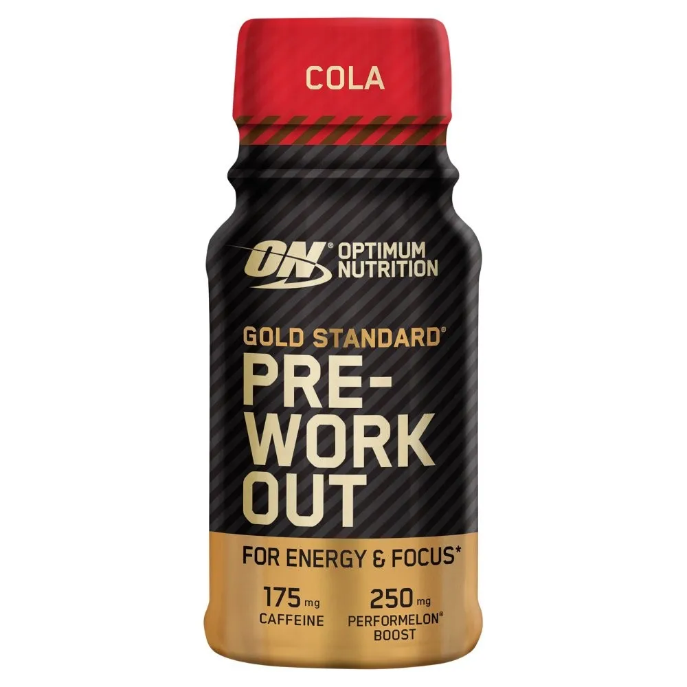 Optimum Nutrition Gold Standard Pre-Workout Energy Shot Cola 60ml offers a ready-to-drink pre-workout boost with 175mg caffeine and 250mg PerforMelon Boost.
